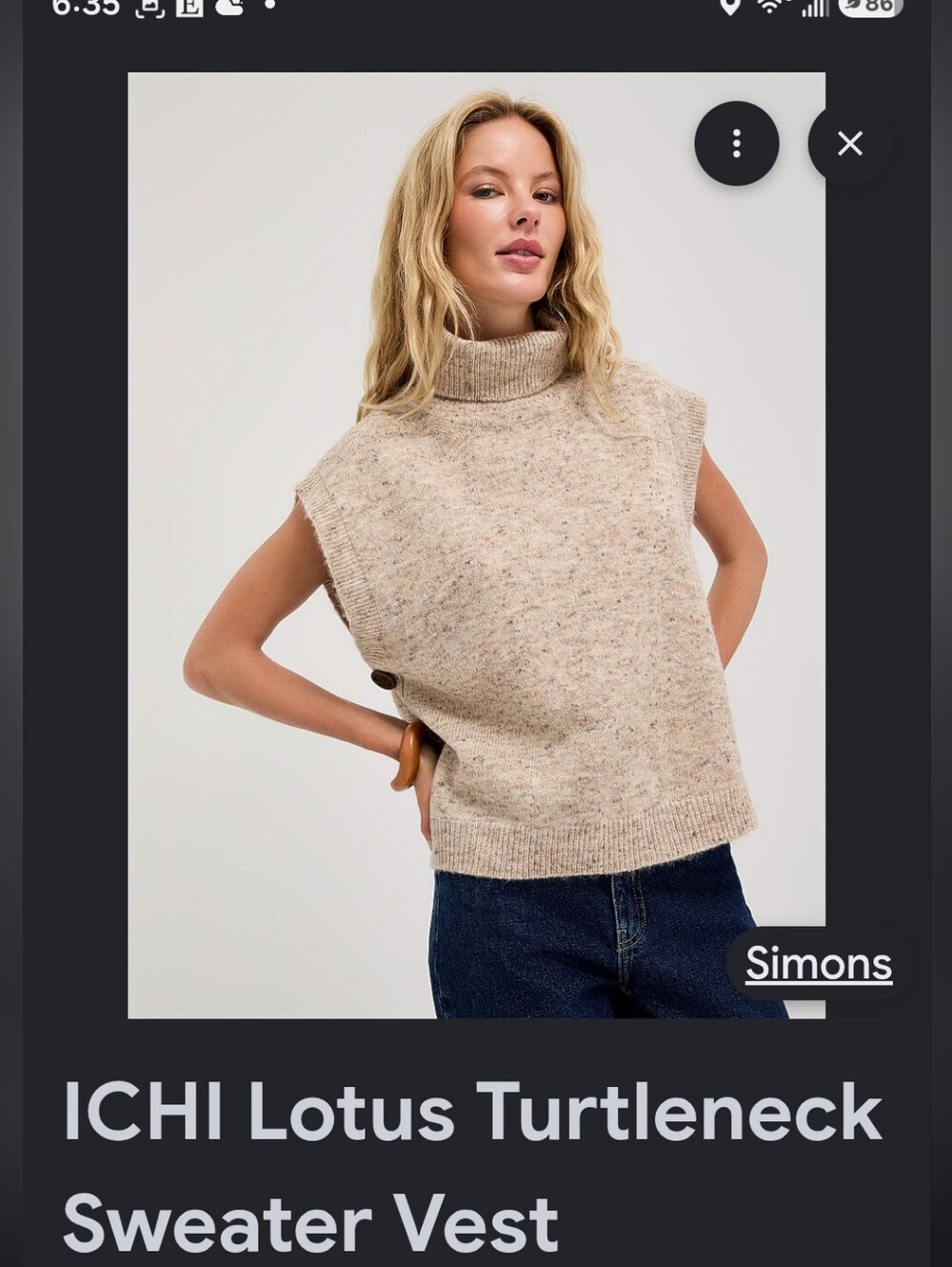 NWT ICHI Women's XS/S Lotus Side Button Turtleneck Knit Sweater Vest Travertine